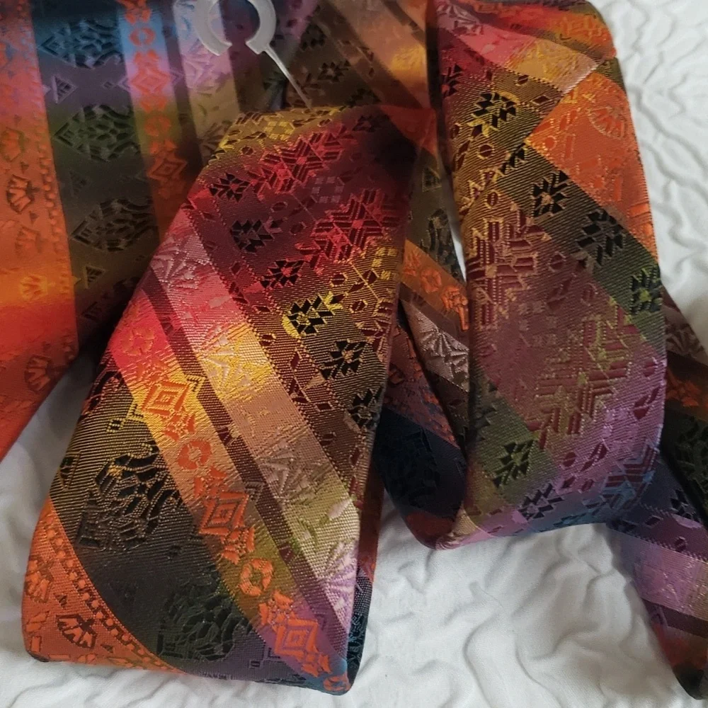 Wembley warm orange strip & print design tie, green blue gold, casual, Y2K